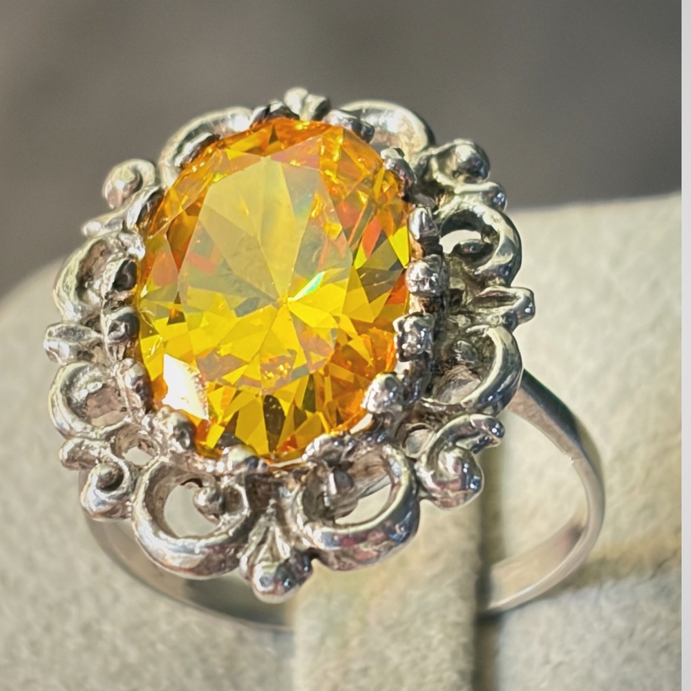Ring Sterling Silver Yellow Quartz Orangey Vintage Filigree Cocktail Size 8.5